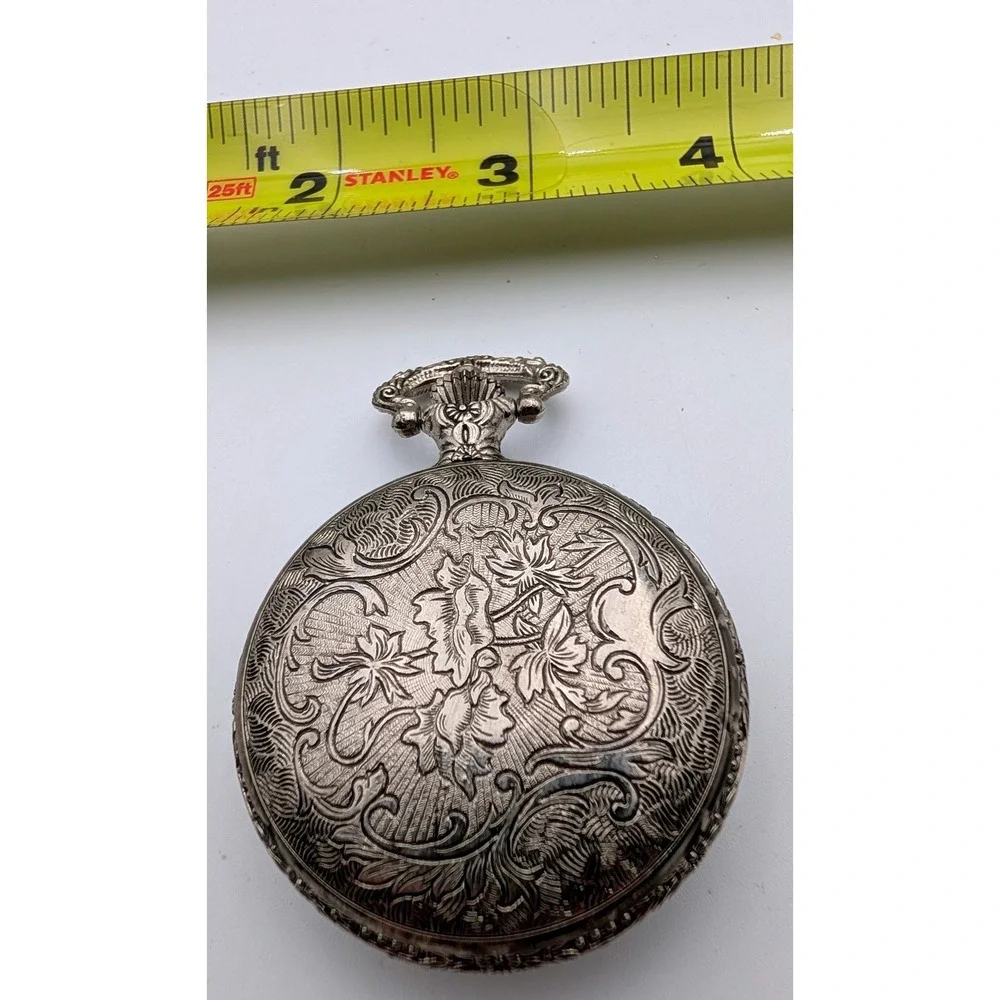 Geneva Pocket Watch Silver Tone Steam Train Locomotive Floral Antimagnetic